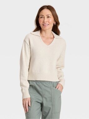 Universal Thread Women's Cream V-Neck Collar Knit Cotton Sweater size S Small